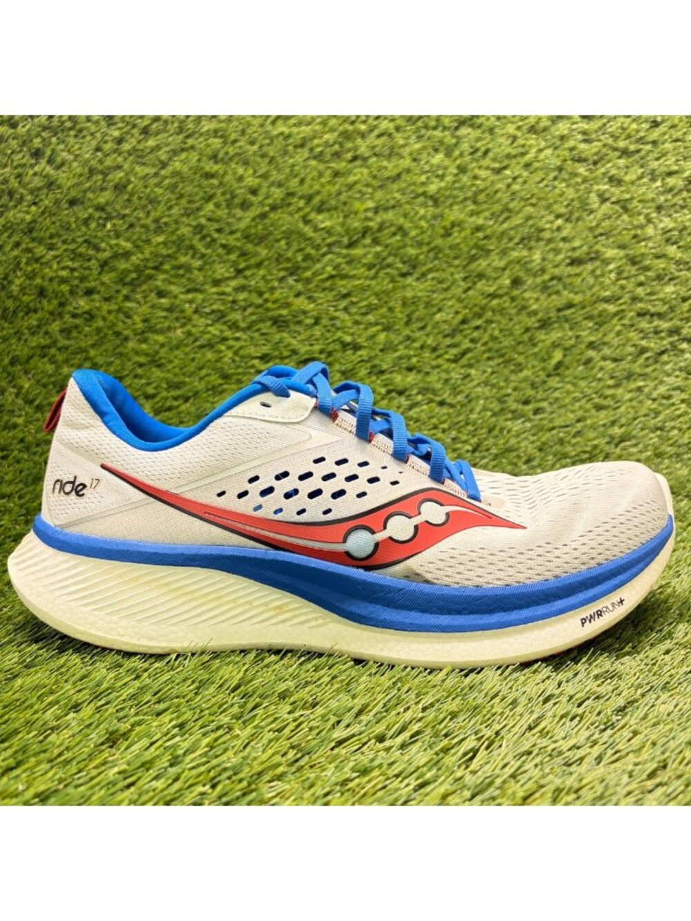 Saucony Ride 17 Mens Size 11 White Blue Red Athletic Running Shoes Sneakers